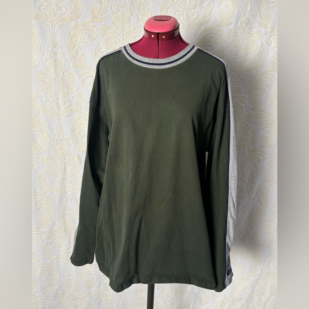 Olive Green Crew Neck with Grey Stripes